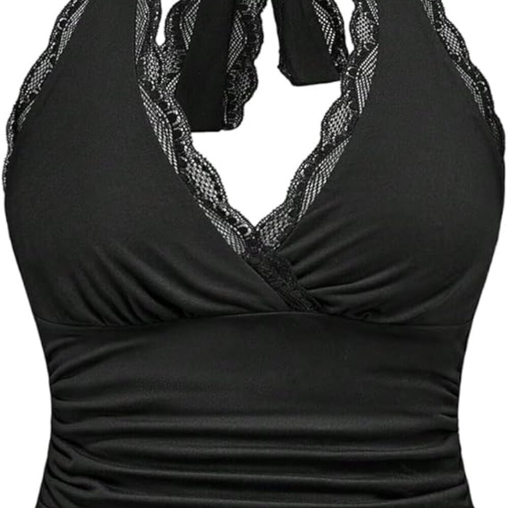 Black Lace Wrap Front Halter Tank | XXL | Backless Party Top - Picture 1 of 4